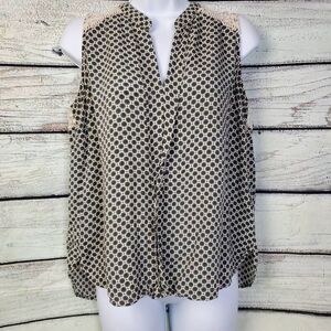 Heartloom Lace Back Sleeveless Blouse Large Black Beige Geo Print
